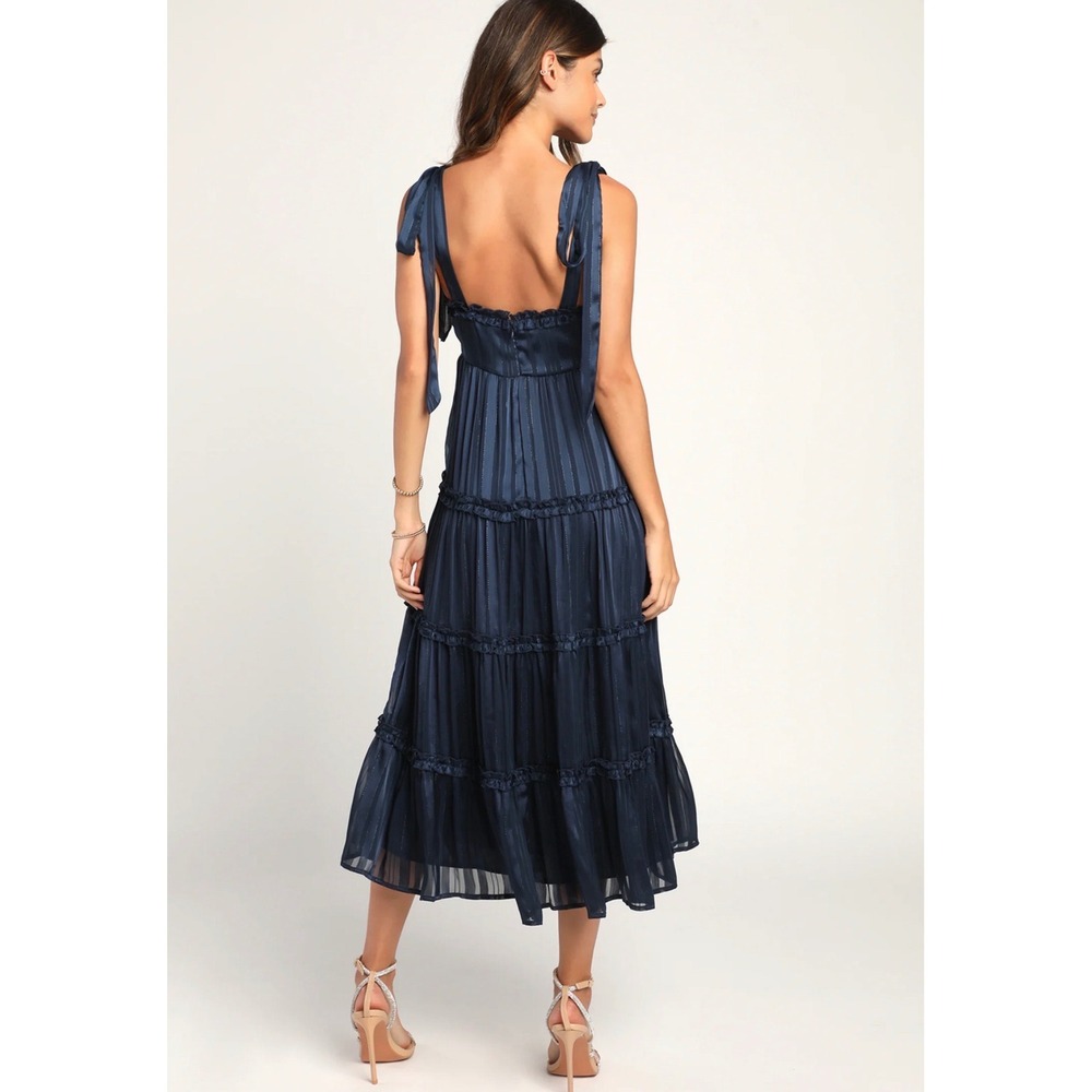 Lulus XL Day for Romance Navy Blue Tie Strap Tiered Midi Dress Bridesmaid - Picture 14 of 14